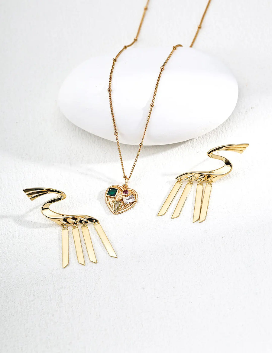 Aruary Studio ｜ Artisanal Jewelry Heart Necklace & Earrings Set - 18K Gold Plated S925 Sterling Silver, Fashion Commute Light Luxury Jewelry