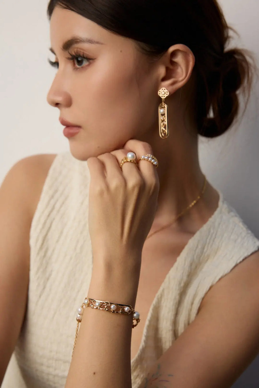 Aruary Studio ｜ Artisanal Jewelry Hollow French Design Natural Pearl Set - 18k Yellow Gold & Sterling Silver Minimalist Luxury Bracelet & Earring