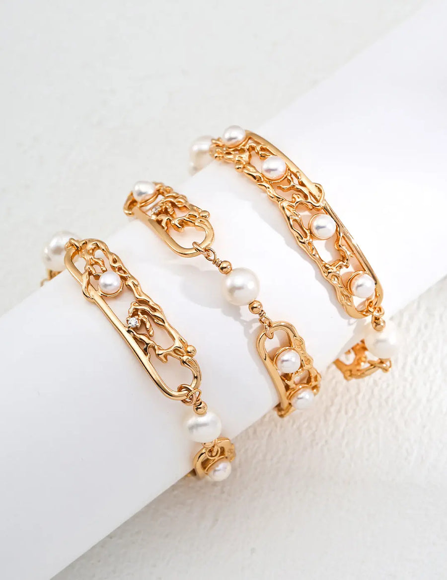 Aruary Studio ｜ Artisanal Jewelry Hollow French Design Natural Pearl Set - 18k Yellow Gold & Sterling Silver Minimalist Luxury Bracelet & Earring