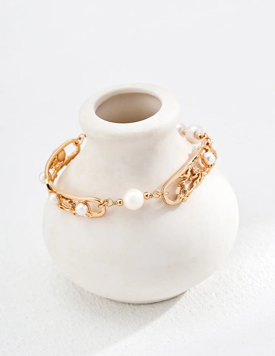 Aruary Studio ｜ Artisanal Jewelry Hollow French Design Natural Pearl Set - 18k Yellow Gold & Sterling Silver Minimalist Luxury Bracelet & Earring BRACELET Golden