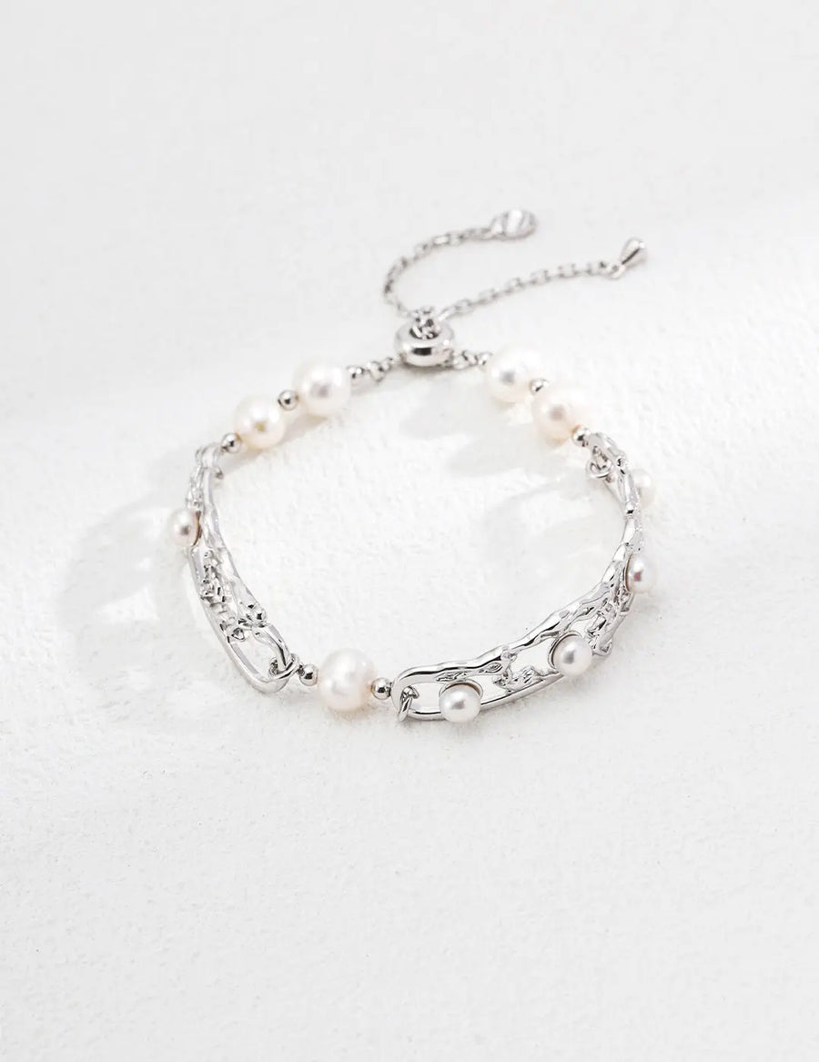 Aruary Studio ｜ Artisanal Jewelry Hollow French Design Natural Pearl Set - 18k Yellow Gold & Sterling Silver Minimalist Luxury Bracelet & Earring BRACELET Silvery