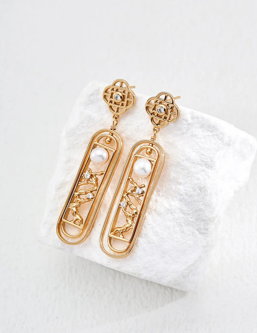 Aruary Studio ｜ Artisanal Jewelry Hollow French Design Natural Pearl Set - 18k Yellow Gold & Sterling Silver Minimalist Luxury Bracelet & Earring EARRINGS Golden