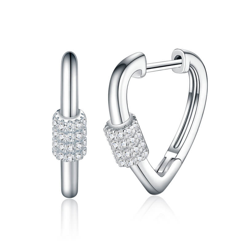 Heavy 4g geometric heart carabiner hoop earrings with 56 micro-pavé moissanites in rhodium plated 925 sterling silver, artfully engineered for a snag-free fit.