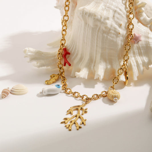 Yuqing Realm ｜ Accessories Boutique 18k Vacation Style Ocean Beach Coral Shell Necklace JDN0302001