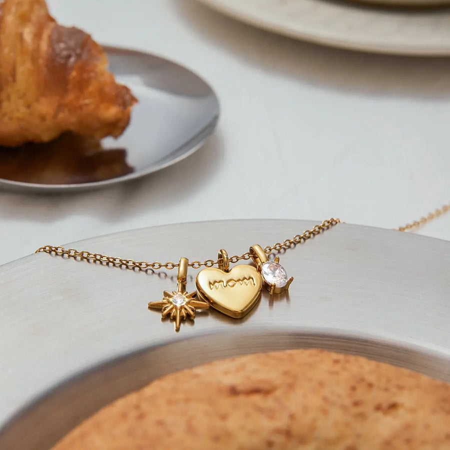 Aruary Studio ｜ Artisanal Jewelry Heartfelt Mom Necklace - Gold Love Pendant with Sparkling Accents - Mother's Day Gift