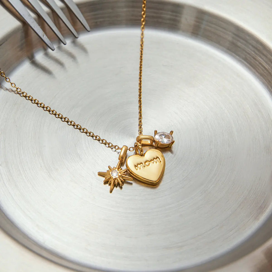 Aruary Studio ｜ Artisanal Jewelry Heartfelt Mom Necklace - Gold Love Pendant with Sparkling Accents - Mother's Day Gift