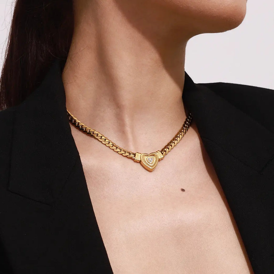 Aruary Studio ｜ Artisanal Jewelry Gold Cuban Chain Necklace with Diamond-Accented Heart Pendant | 18K Gold Plated Layering Necklace for Women