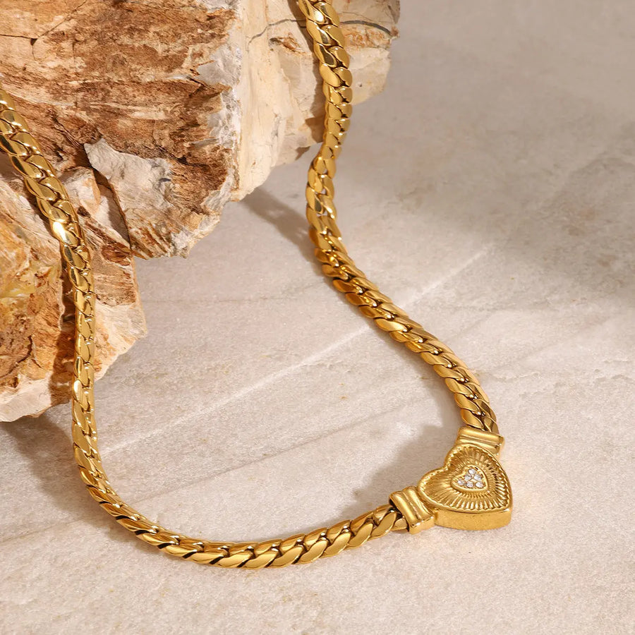 Aruary Studio ｜ Artisanal Jewelry Gold Cuban Chain Necklace with Diamond-Accented Heart Pendant | 18K Gold Plated Layering Necklace for Women