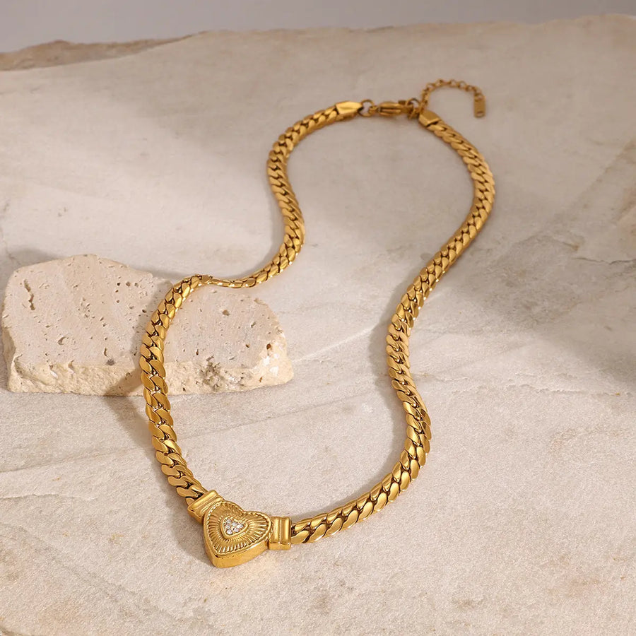 Aruary Studio ｜ Artisanal Jewelry Gold Cuban Chain Necklace with Diamond-Accented Heart Pendant | 18K Gold Plated Layering Necklace for Women