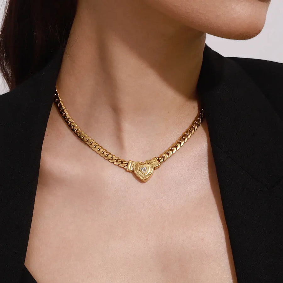 Aruary Studio ｜ Artisanal Jewelry Gold Cuban Chain Necklace with Diamond-Accented Heart Pendant | 18K Gold Plated Layering Necklace for Women