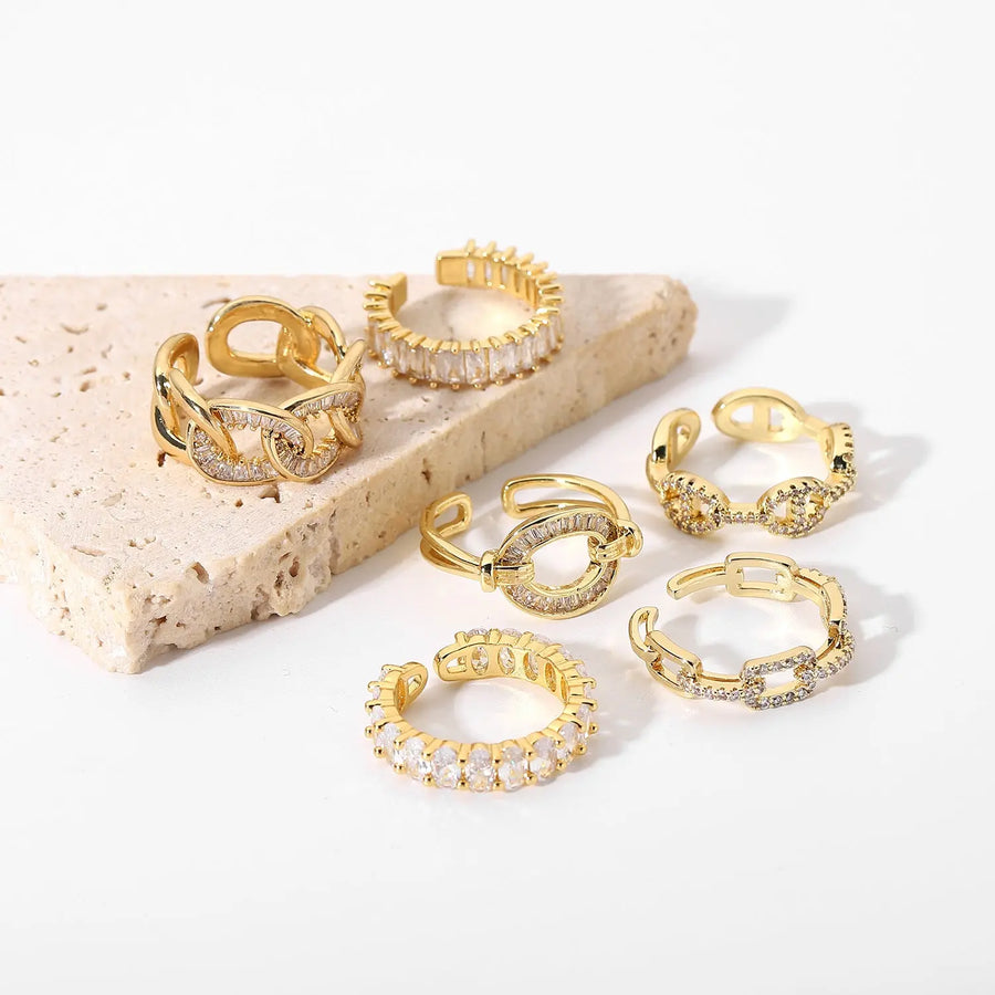 Aruary Studio ｜ Artisanal Jewelry Stackable Gold Plated Open Ring Set with Sparkling CZ Stones - Minimalist Stacking Rings for Women