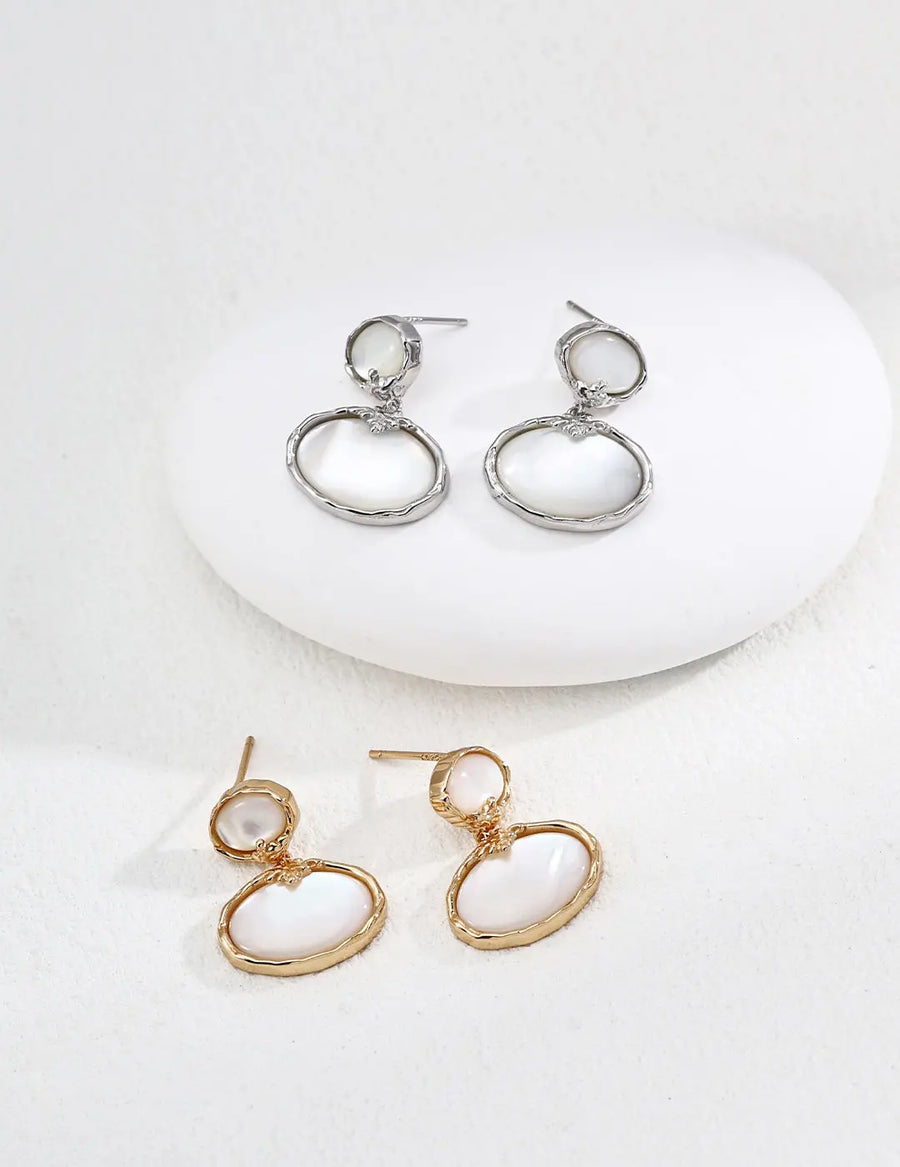 Aruary Studio ｜ Artisanal Jewelry Korean Vintage Mother of Pearl Drop Earrings – Sterling Silver or 18K Gold | Lightweight Dainty Hoop Earrings