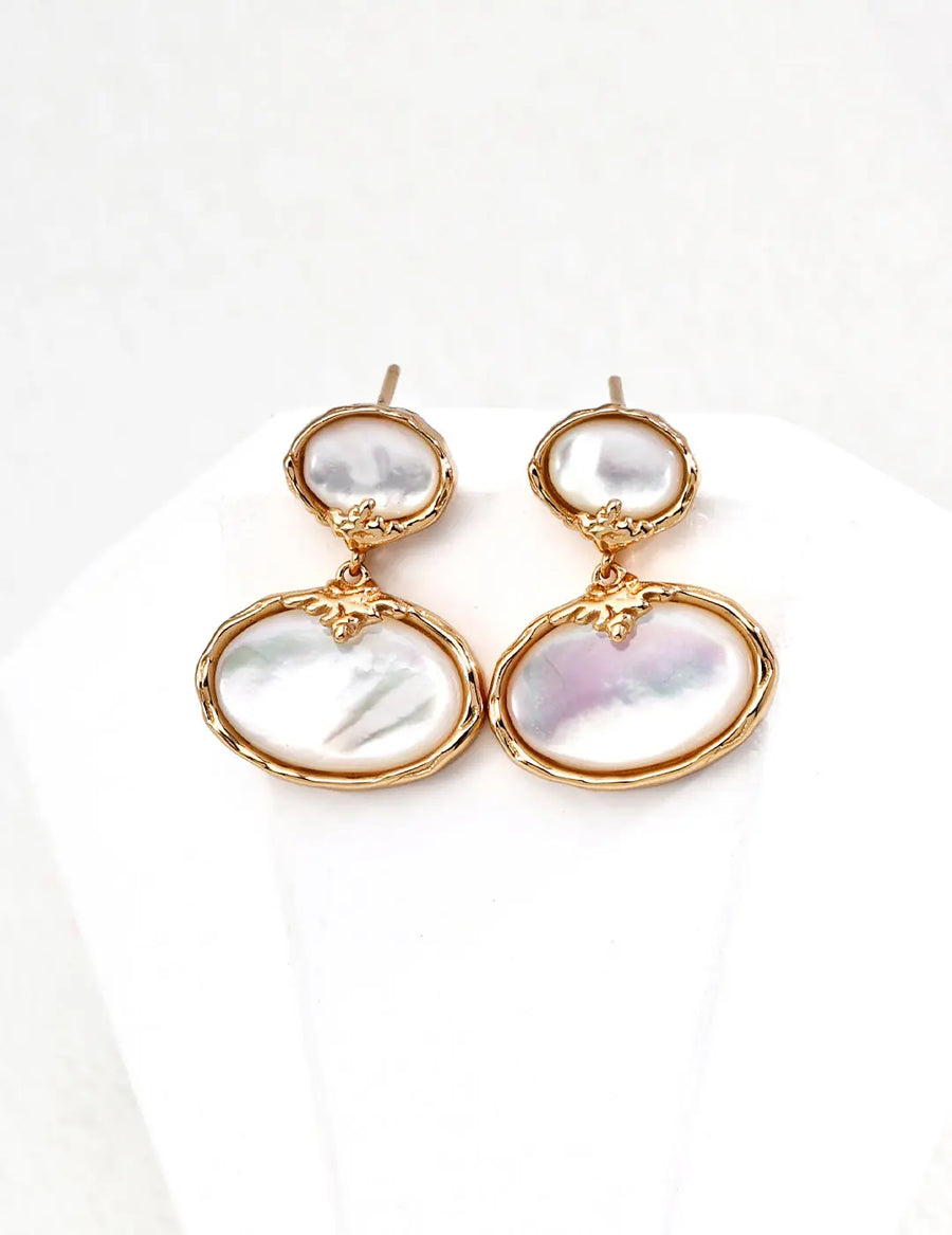 Aruary Studio ｜ Artisanal Jewelry Korean Vintage Mother of Pearl Drop Earrings – Sterling Silver or 18K Gold | Lightweight Dainty Hoop Earrings Golden