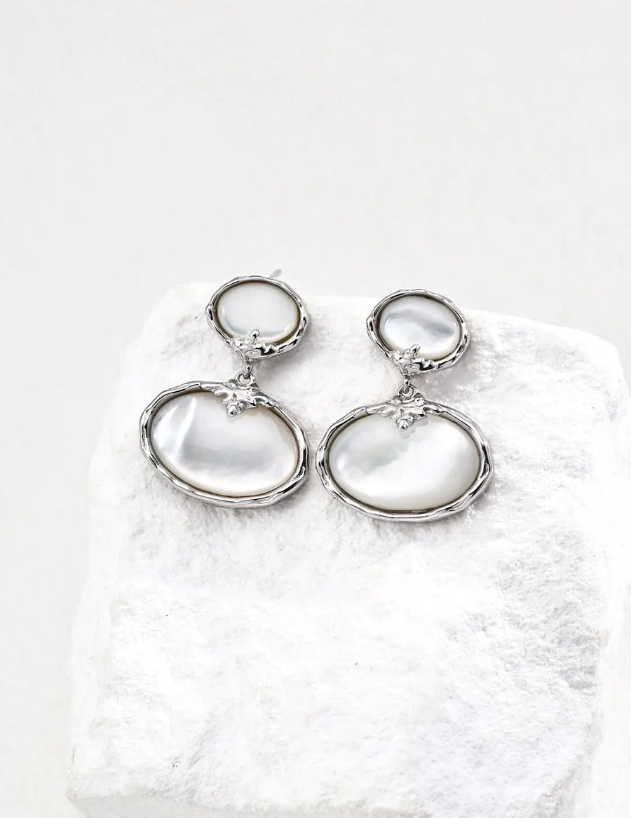 Aruary Studio ｜ Artisanal Jewelry Korean Vintage Mother of Pearl Drop Earrings – Sterling Silver or 18K Gold | Lightweight Dainty Hoop Earrings Silvery
