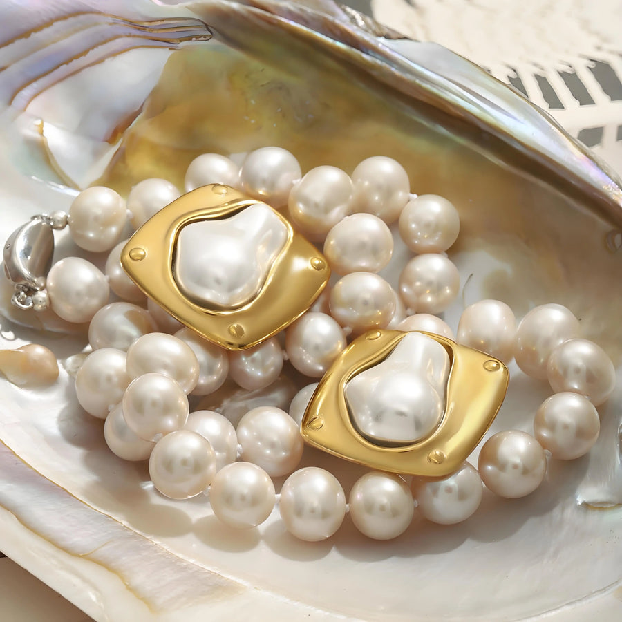 Aruary Studio ｜ Artisanal Jewelry Large Gold-Tone Faux Pearl Earrings - Hypoallergenic Titanium Steel - Timeless Elegance for Everyday