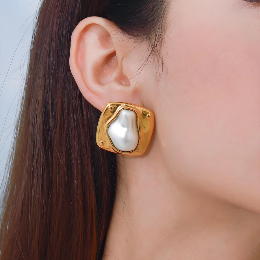 Aruary Studio ｜ Artisanal Jewelry Large Gold-Tone Faux Pearl Earrings - Hypoallergenic Titanium Steel - Timeless Elegance for Everyday