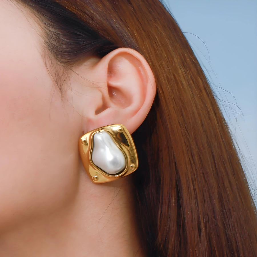 Aruary Studio ｜ Artisanal Jewelry Large Gold-Tone Faux Pearl Earrings - Hypoallergenic Titanium Steel - Timeless Elegance for Everyday