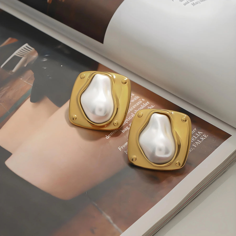 Aruary Studio ｜ Artisanal Jewelry Large Gold-Tone Faux Pearl Earrings - Hypoallergenic Titanium Steel - Timeless Elegance for Everyday