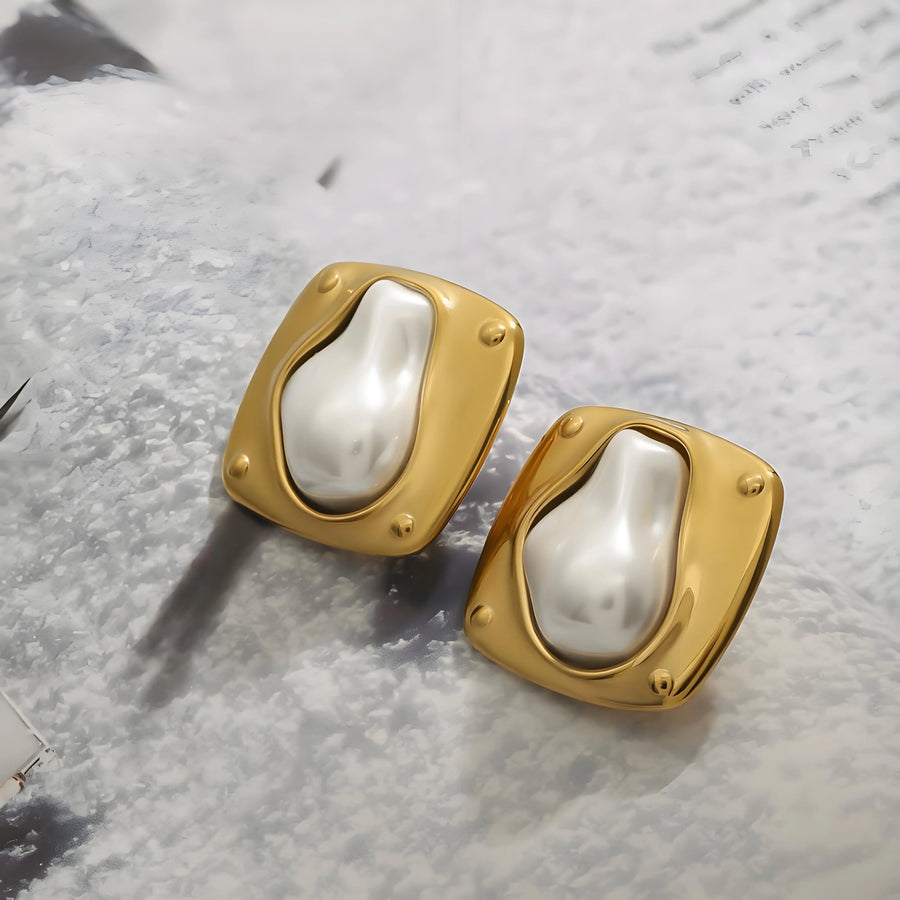 Aruary Studio ｜ Artisanal Jewelry Large Gold-Tone Faux Pearl Earrings - Hypoallergenic Titanium Steel - Timeless Elegance for Everyday