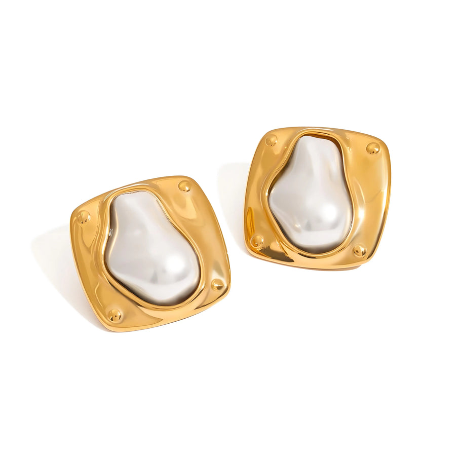 Aruary Studio ｜ Artisanal Jewelry Large Gold-Tone Faux Pearl Earrings - Hypoallergenic Titanium Steel - Timeless Elegance for Everyday