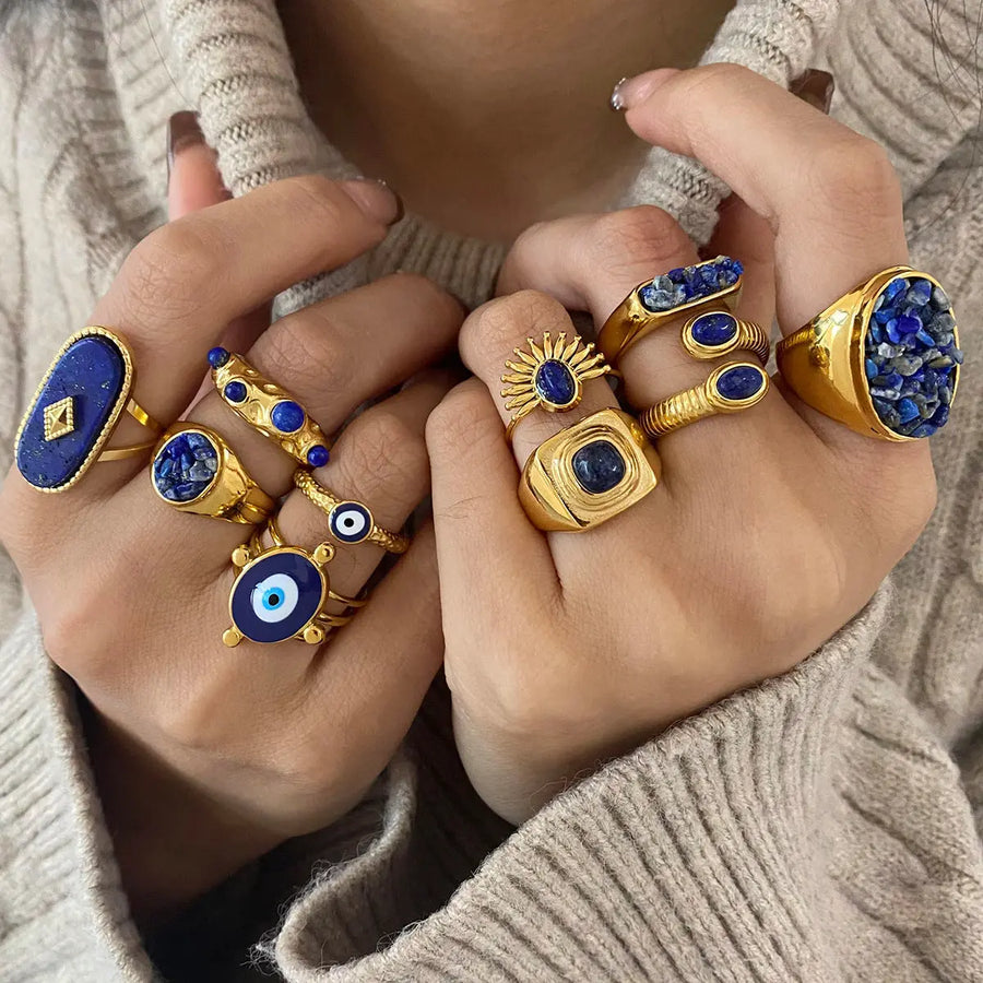 My Store Layered Natural Stone Stainless Steel Rings - Adjustable Ins Stackable Rings | 18K Gold Electroplated | Boho Energy Jewelry