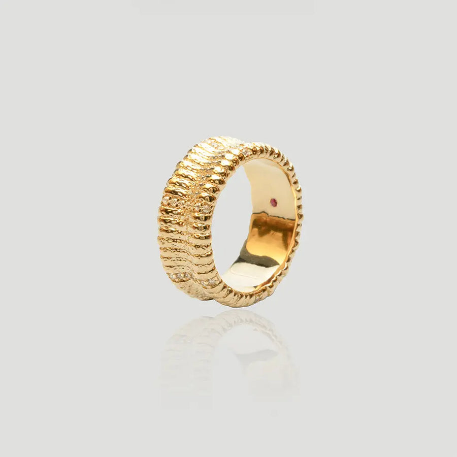 Yuqing Realm ｜ Unleash the charming goddess within you Artisan Textured Gold Ring | AG925 Silver 18K Plated | 5A Cubic Zirconia Accents - RD1109EFI0202