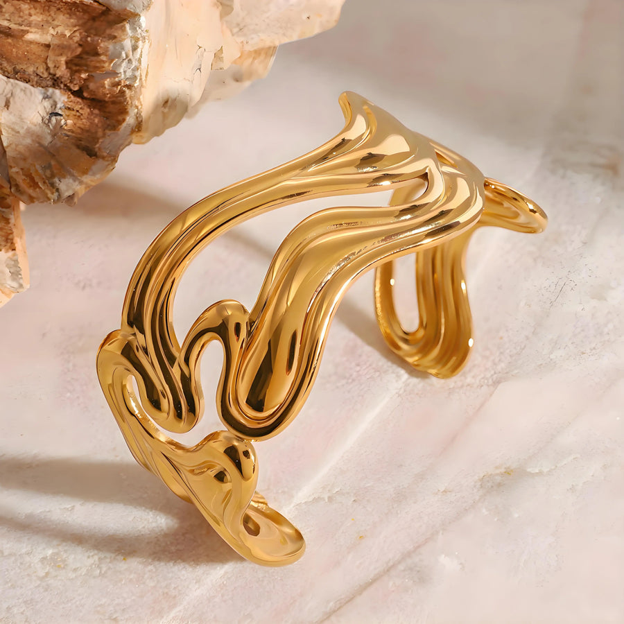 Aruary Studio ｜ Artisanal Jewelry Luxury 18K Gold Plated Stainless Steel Exaggerated Open Bangle Bracelet - Waterproof, Hypoallergenic, Non-Tarnish