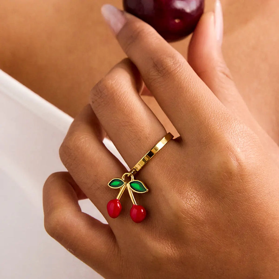 Yuqing Realm ｜ Accessories Boutique Luxury Cherry Jewelry Set: Titanium Steel Necklace & Ring | 18K Gold Plated, 5A Zircon | Hypoallergenic & Tarnish-Free
