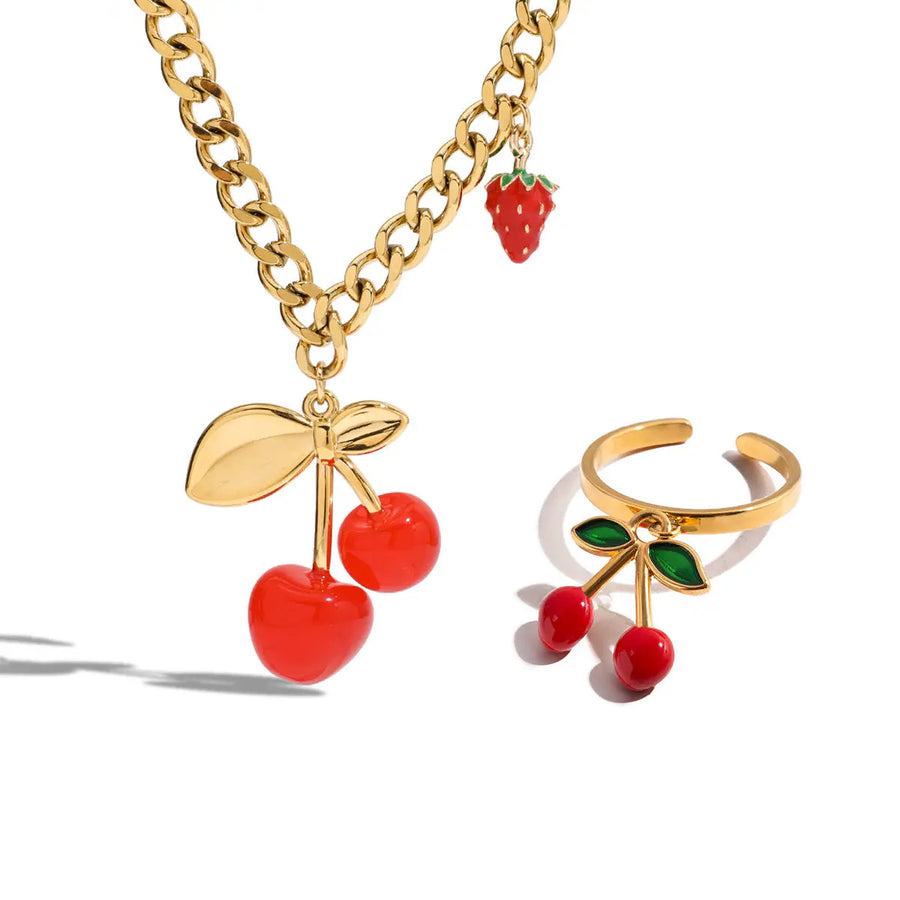 Yuqing Realm ｜ Accessories Boutique Luxury Cherry Jewelry Set: Titanium Steel Necklace & Ring | 18K Gold Plated, 5A Zircon | Hypoallergenic & Tarnish-Free