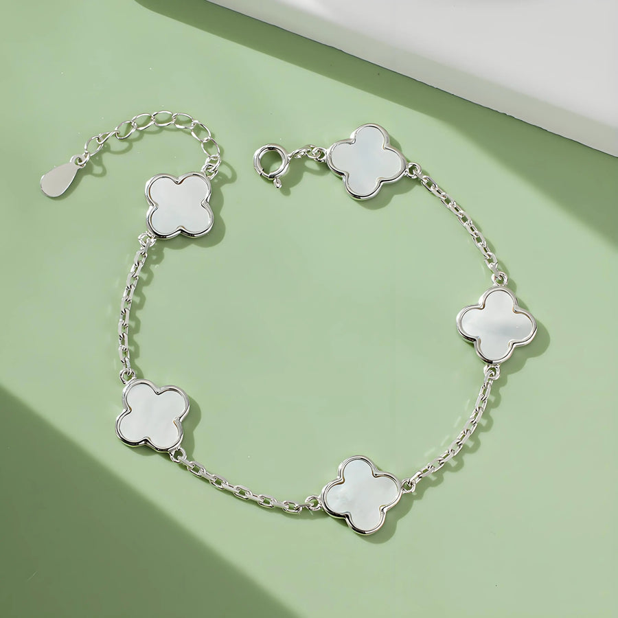 My Store Luxury Minimalist Clover Leaf Bracelet - 925 Sterling Silver with Mother of Pearl & Malachite - Adjustable 19cm White mother-of-pearl
