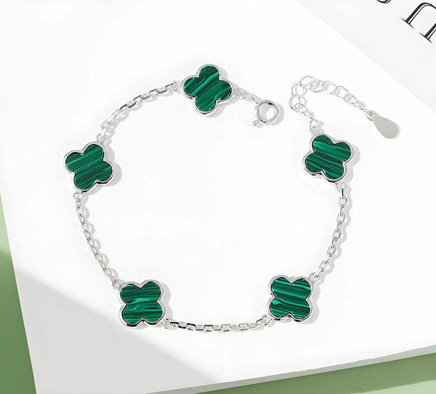 My Store Luxury Minimalist Clover Leaf Bracelet - 925 Sterling Silver with Mother of Pearl & Malachite - Adjustable 19cm Malachite