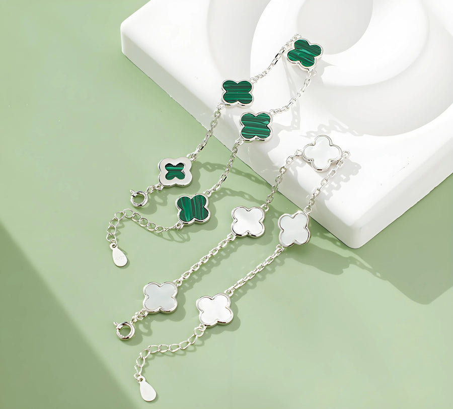 My Store Luxury Minimalist Clover Leaf Bracelet - 925 Sterling Silver with Mother of Pearl & Malachite - Adjustable 19cm