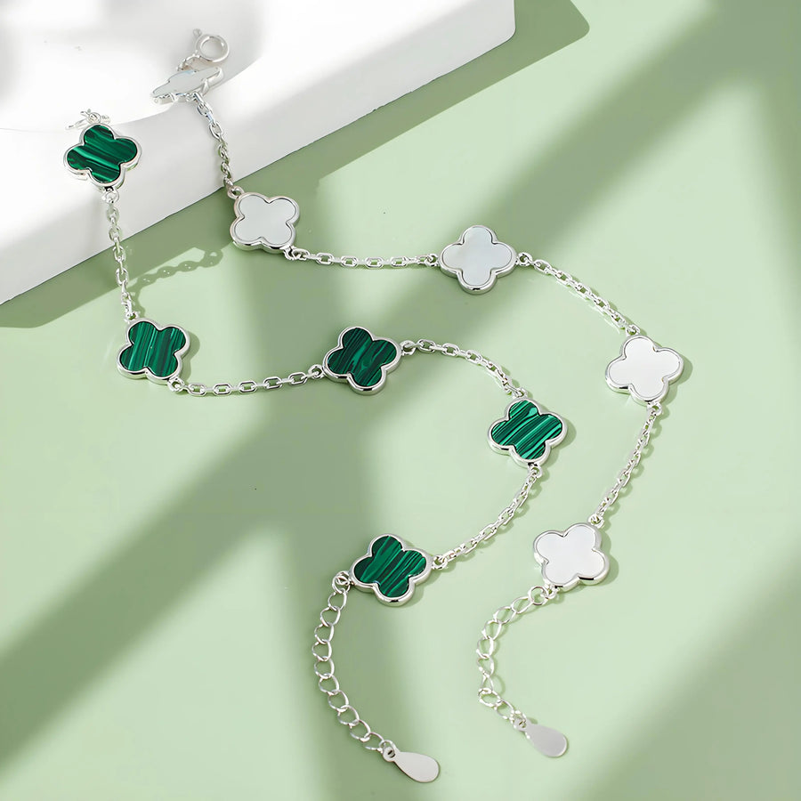 My Store Luxury Minimalist Clover Leaf Bracelet - 925 Sterling Silver with Mother of Pearl & Malachite - Adjustable 19cm