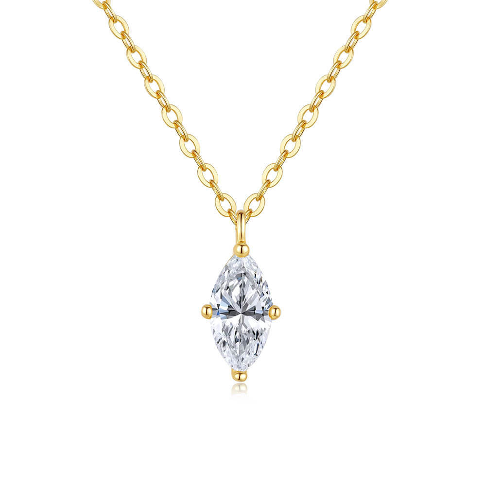 Isolated high-quality studio image of a 1.0ct marquise cut moissanite pendant necklace in 14K Yellow Gold, on a plain white background.