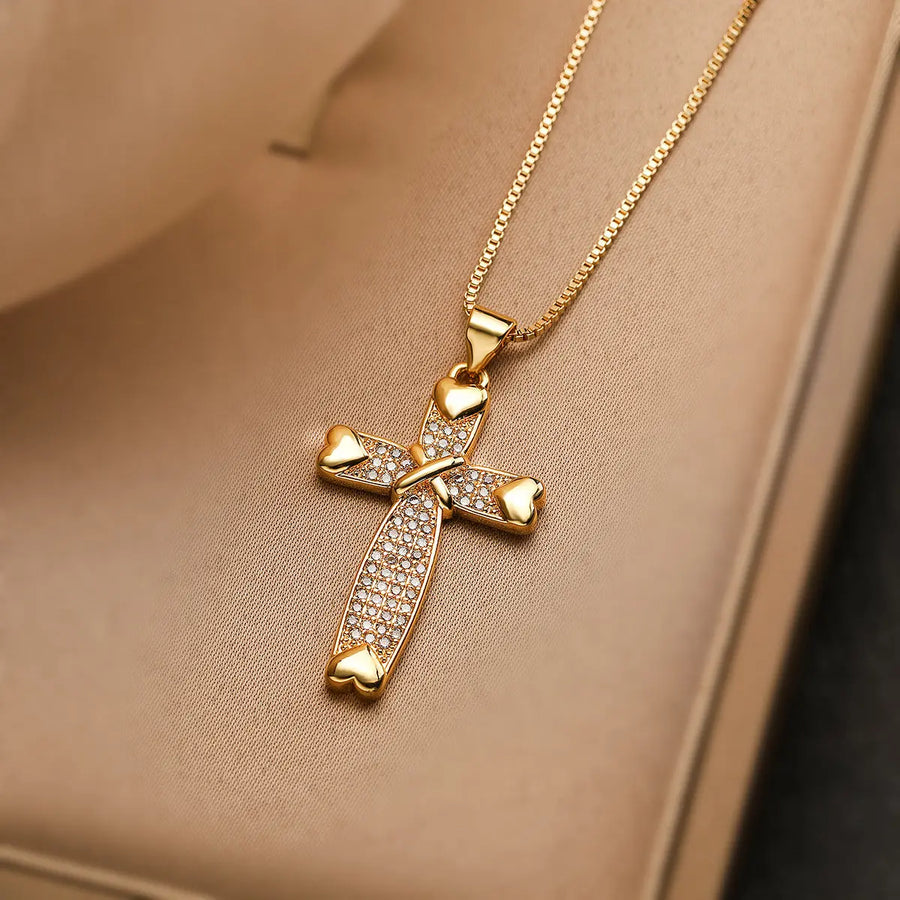 My Store Minimalist 18K Gold Cross Pendant Necklace - Cubic Zirconia Titanium Steel Chain A