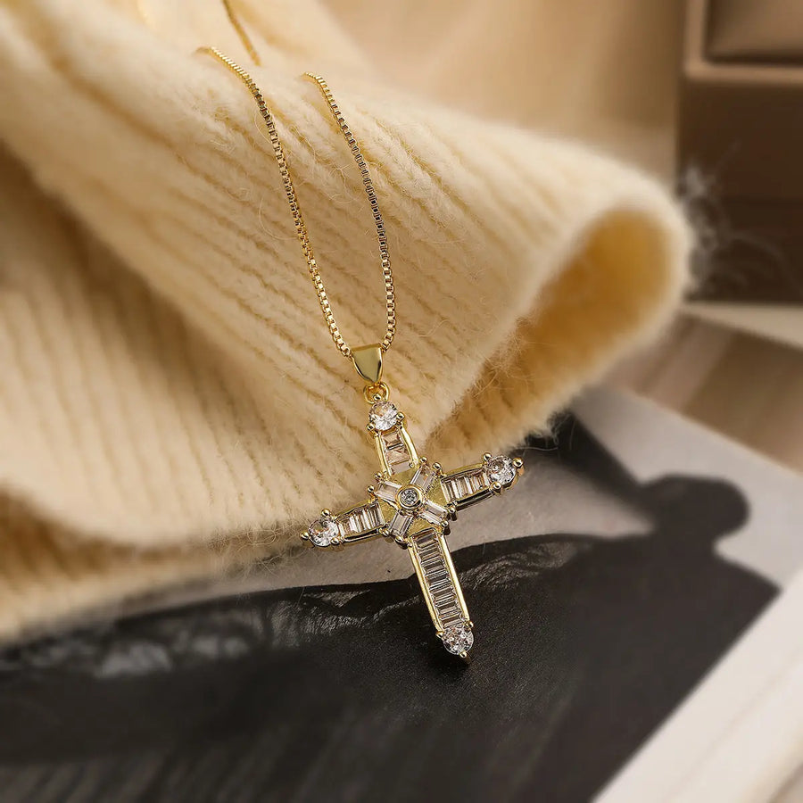 My Store Minimalist 18K Gold Cross Pendant Necklace - Cubic Zirconia Titanium Steel Chain B