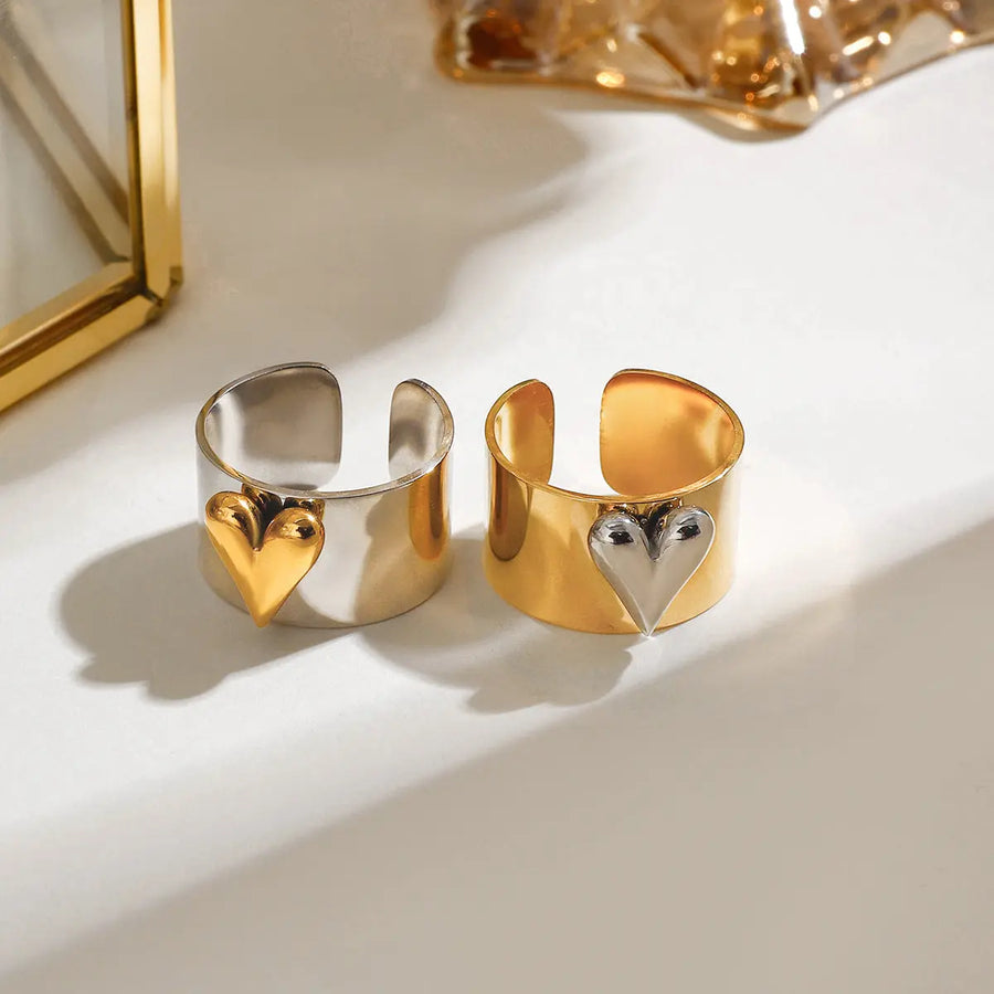 Yuqing Realm ｜ Accessories Boutique Minimalist Heart Signet Ring - 18K Gold Plated Titanium, 1.78cm Adjustable Love Knot