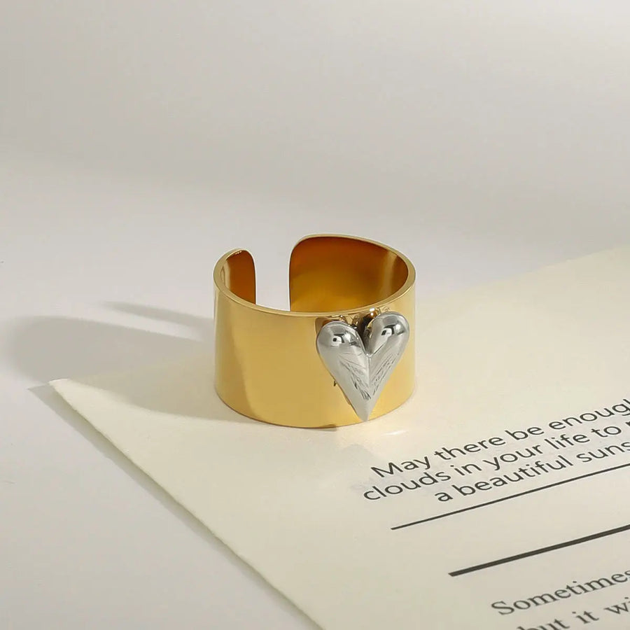 Yuqing Realm ｜ Accessories Boutique Minimalist Heart Signet Ring - 18K Gold Plated Titanium, 1.78cm Adjustable Love Knot Golden