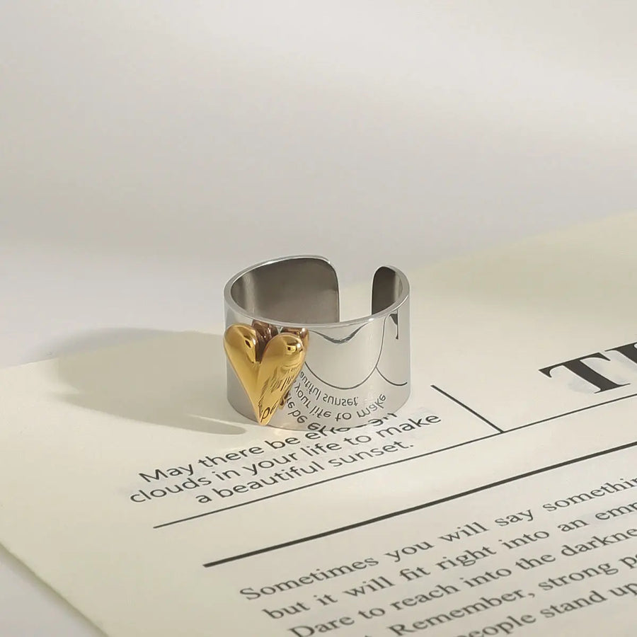 Yuqing Realm ｜ Accessories Boutique Minimalist Heart Signet Ring - 18K Gold Plated Titanium, 1.78cm Adjustable Love Knot Silvery