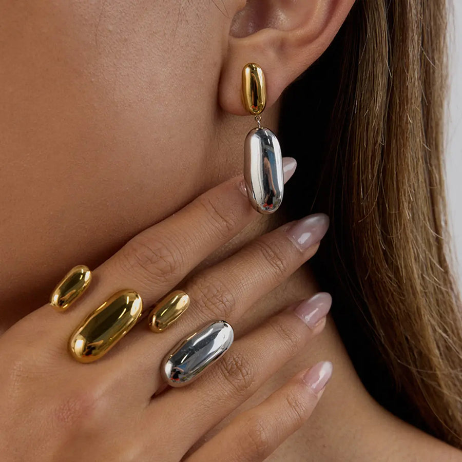 My Store Modern Two-Tone Stainless Steel Ring & Earrings Set - Non-Fade Minimalist Jewelry for Women