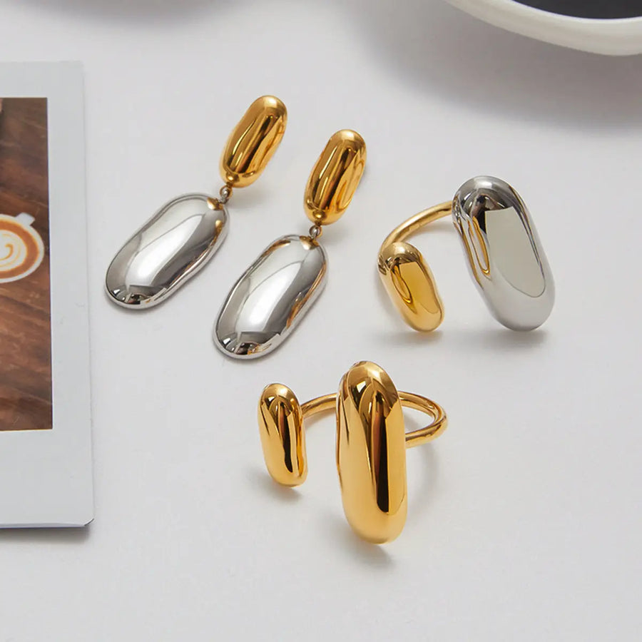 My Store Modern Two-Tone Stainless Steel Ring & Earrings Set - Non-Fade Minimalist Jewelry for Women