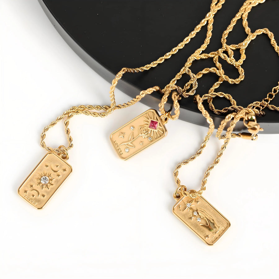 Aruary Studio ｜ Artisanal Jewelry Mystic Sun Tarot Necklace – 18K Gold Plated Titanium Steel Floral Pendant, 3D Relief with Crystals