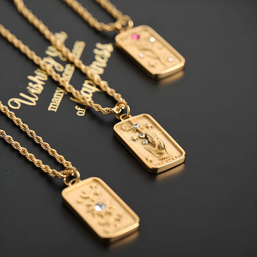 Aruary Studio ｜ Artisanal Jewelry Mystic Sun Tarot Necklace – 18K Gold Plated Titanium Steel Floral Pendant, 3D Relief with Crystals