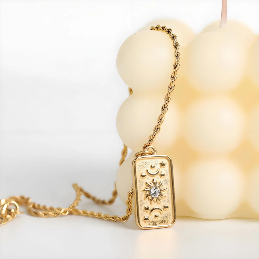 Aruary Studio ｜ Artisanal Jewelry Mystic Sun Tarot Necklace – 18K Gold Plated Titanium Steel Floral Pendant, 3D Relief with Crystals Sun