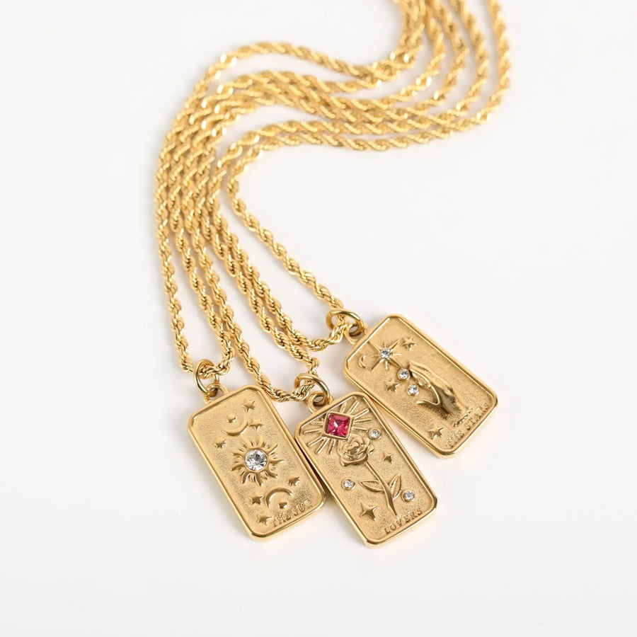 Aruary Studio ｜ Artisanal Jewelry Mystic Sun Tarot Necklace – 18K Gold Plated Titanium Steel Floral Pendant, 3D Relief with Crystals