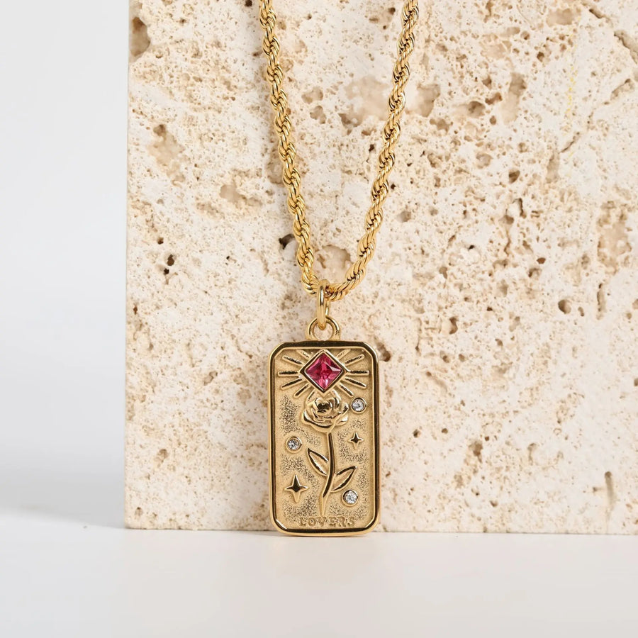 Aruary Studio ｜ Artisanal Jewelry Mystic Sun Tarot Necklace – 18K Gold Plated Titanium Steel Floral Pendant, 3D Relief with Crystals Rose