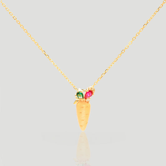 Charming Carrot - Shaped Golden - Tone Colorful Gemstone & Diamond - Accented Necklace