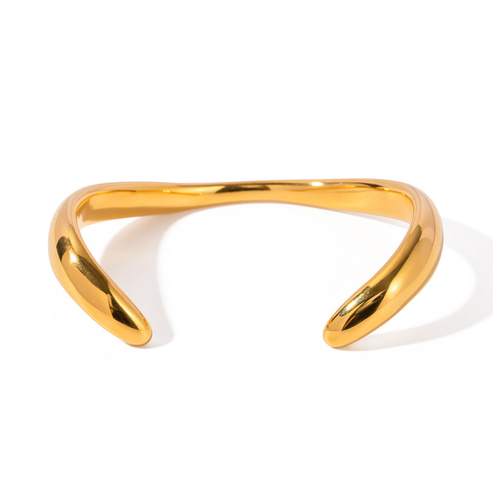 18K Gold Plated Wave Open Cuff Bracelet - Stainless Steel Adjustable Bangle, Trendy Ins Fashion Jewelry Aruary Studio ｜ Artisanal Jewelry