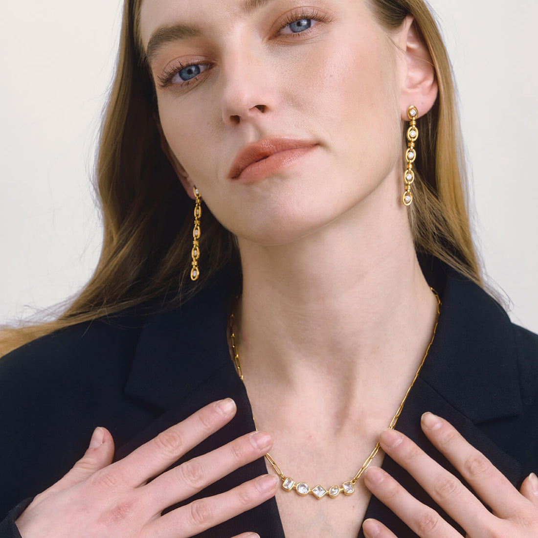 18K Gold Plated Waterproof Jewelry Set | Dainty Paperclip Link Chain Necklace & Drop Earrings with Zirconia | Tarnish-Free Minimalist Set for Women