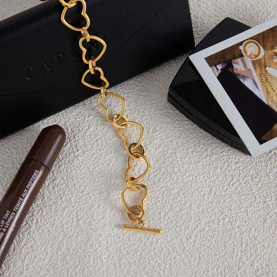 Aruary Studio ｜ Artisanal Jewelry Delicate Gold Heart Link Bracelet | adjustable layered chain bracelet for women, Valentine's day gift for her